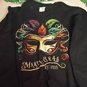 Mardi Gras Black Sweater with Colorful Mask Design